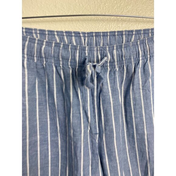 Serra Linen Blend Stripe Blue Womens Pants size Medium Lagenlook Pull on Elastic - Picture 10 of 13